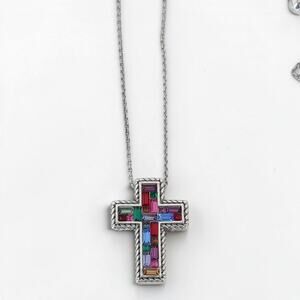 Brighton St Michel Mosaic Cross Necklace Multicolor Baguette Crystal Retired